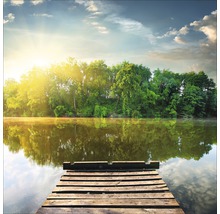 Ponton en bois sur un lac avec des arbres en arrière-plan