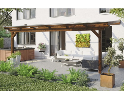 Toiture pour terrasses Skanholz Ancona 648 x 400 cm, noyer Terrasse avec pergola en bois, coin salon et jacuzzi