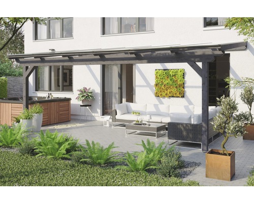 Toiture pour terrasses Skanholz Ancona 648 x 300 cm, gris ardoise Terrasse avec mobilier de jardin, jacuzzi et auvent