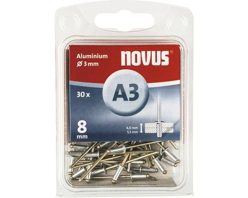 Novus Blindnieten A3, 3 Millimeter Durchmesser, 8 Millimeter Länge, 30 Stück im Paket