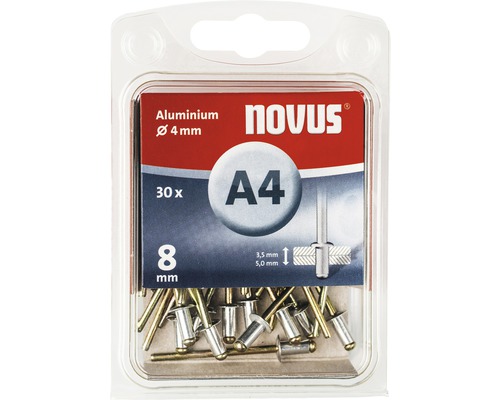 Novus Blindnieten A4, Durchmesser 4 mm, 8 mm Länge, 30 Stück in Verpackung