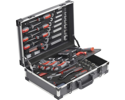 Boîte à outils ouverte avec clés, tournevis et autres outils