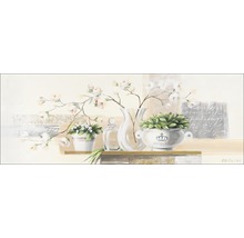 Gemälde mit Blumen, Vase und Topfpflanzen auf einem Regal