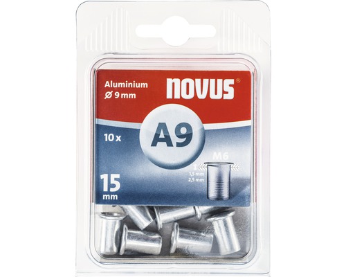 Écrou à rivet aveugle Novus M6 Ø9x15 mm aluminium paquet de 10 Novus A9 Rivets aveugles en aluminium, diamètre 9 mm, 10 pièces