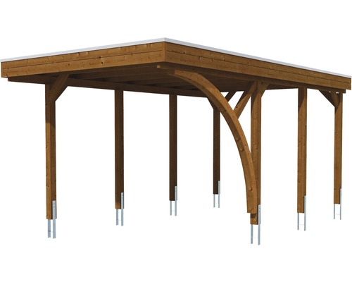Carport en bois avec toit plat et ancrages métalliques
