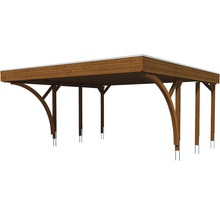 Carport double SKAN HOLZ Friesland avec 2 arches et ancrages pour poteaux 557x555 cm noyer