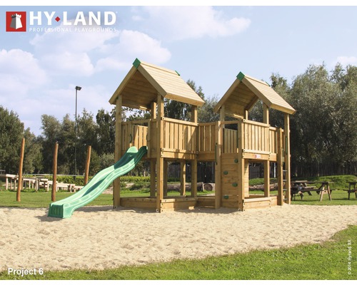 Tour de jeux Hyland EN 1176 pour espace public projet 6 avec toboggan vert Aire de jeux en bois avec toboggan et mur d''escalade à l''extérieur