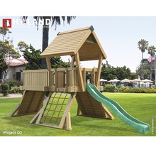 Aire de jeux avec toboggan et filet d''escalade dans le jardin.