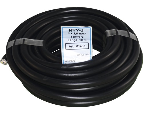 Schwarzes NYY-J Kabel mit 5 Adern und 2,5 mm² Querschnitt, 10 Meter Rolle