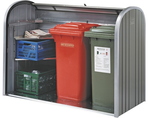 Mülltonnenbox zur Aufbewahrung von zwei Mülltonnen mit Rolltor