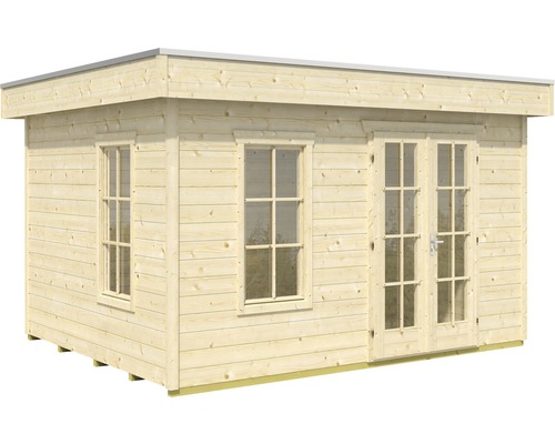 Abri de jardin en bois avec deux fenêtres et une double porte