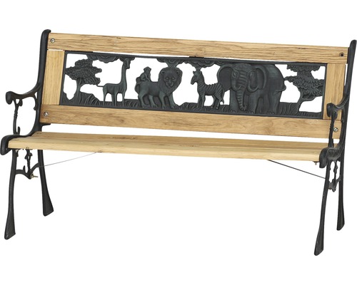 Gartenbank Gardamo Kinderguss Zoo-Park grün/natur Gestell Eisen antik-grün, Fläche Hartholz natur, 41x84x52,5 cm Gartenbank mit Tierornamenten auf der Rückenlehne und Rahmen aus Holz