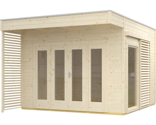 Abri de jardin en bois avec portes battantes et auvent latéral