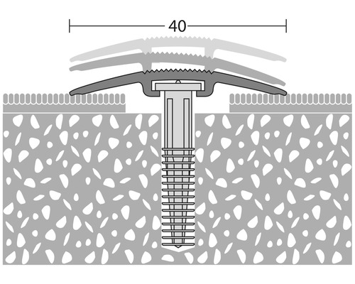 Zeichnung eines Übergangsprofils mit einer Breite von 40 Millimetern, das zwischen zwei Bodenbelägen installiert ist