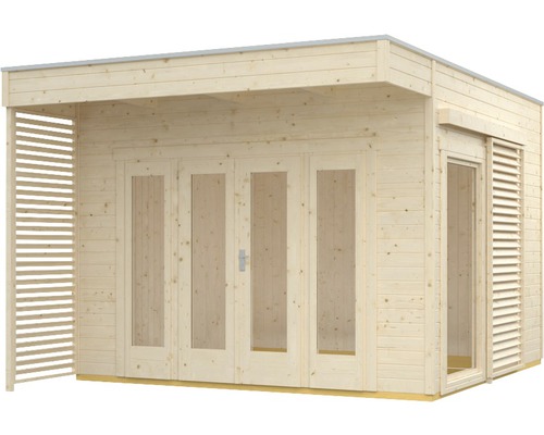 Abri de jardin en bois avec fenêtres et porte coulissante
