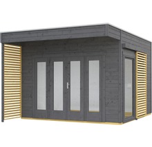 Abri de jardin en bois avec portes battantes et paroi à lamelles