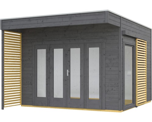 Abri de jardin en bois avec portes battantes et paroi à lamelles