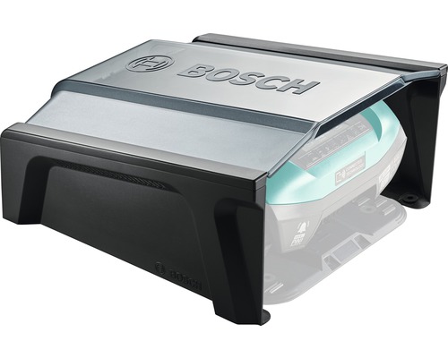 Logo Bosch sur protection contre la pluie pour robot de tonte