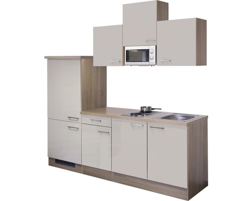 Kompakte Küchenzeile mit Spüle, Kochfeld, Mikrowelle und Hängeschränken für kleine Räume