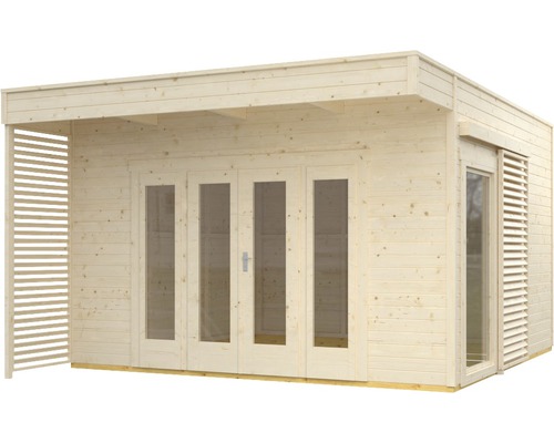 Abri de jardin en bois avec fenêtres et portes coulissantes