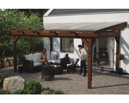 Toiture pour terrasses Skanholz Sanremo 541 x 300 cm, noyer Toit de terrasse en bois avec coin salon dans le jardin.