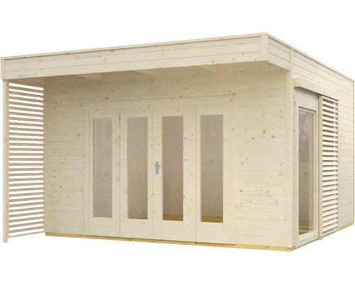 Maison de jardin en bois avec terrasse couverte et porte coulissante