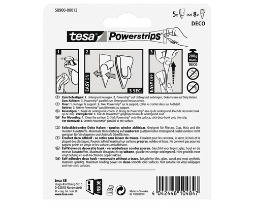 Tesa Powerstrips Dekohaken Packungsrückseite mit Anwendungsanleitung
