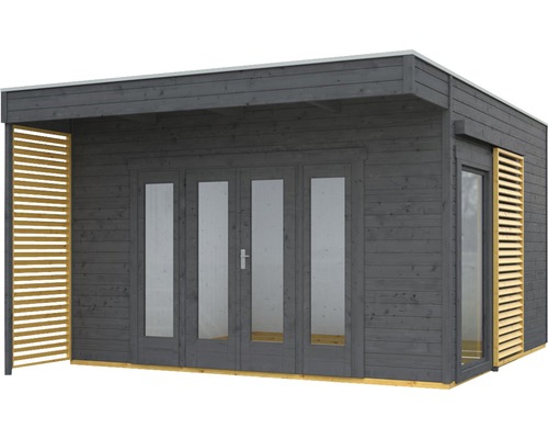 Abri de jardin moderne avec portes battantes et lamelles