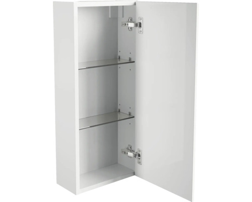 Armoire de salle de bains blanche avec porte et deux étagères en verre