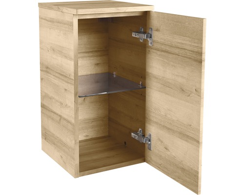 Meuble de salle de bain couleur bois avec porte en verre et étagères