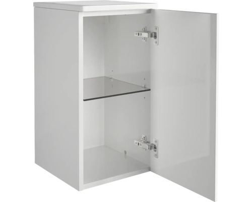 Weißer Hängeschrank mit geöffneter Tür und Glasboden