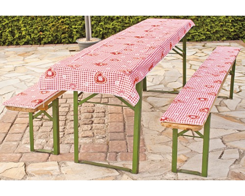 Coussins pour ensemble table et bancs constitué de 2 galettes d'assise et 1 nappe rouge à carreaux