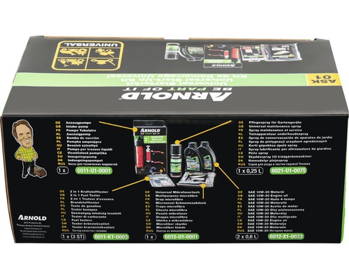 Arnold Universal Start-Up Kit Verpackung mit Ansaugpumpe, 2-in-1 Kraftstofftester, Mikrofasertuch, Pflegespray und Motoröl
