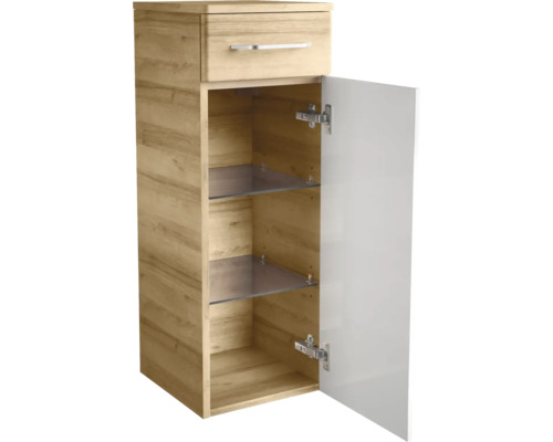 Armoire haute avec un tiroir, une porte et deux étagères en verre