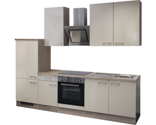 Komplette Küchenzeile mit Hängeschränken, Dunstabzugshaube, Spüle, Kochfeld und Backofen