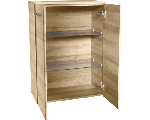 Meuble bas en bois ouvert avec deux étagères en verre