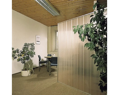 Büro mit Besprechungstisch, Büropflanzen und einer Trennwand aus Kunststoff