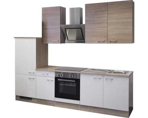 Cuisine avec meubles hauts, hotte aspirante, évier et cuisinière électrique