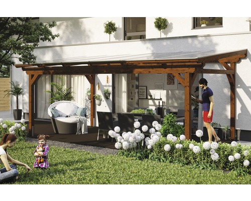 Toiture pour terrasses Skanholz Sanremo 648 x 400 cm, noyer Terrasse en bois avec coin salon et personnes dans le jardin