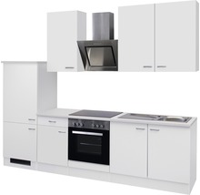 Komplette Küchenzeile mit Spüle, Herd, Backofen und Dunstabzugshaube.