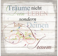 Dekoratives Wandbild mit Fahrradmotiv und inspirierendem Spruch auf Holzoptik