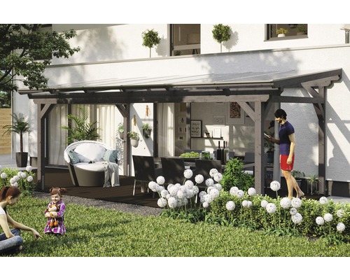 Toiture pour terrasses Skanholz Sanremo 648 x 300 cm, gris ardoise Terrasse couverte en bois avec mobilier de jardin et plantes mises en scène.