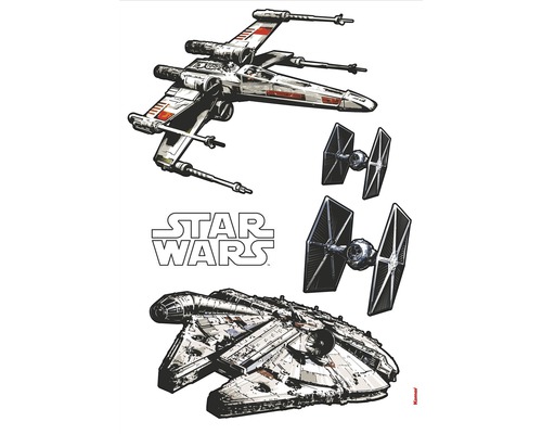 Wandtattoo Disney Edition 4 Disney Star Wars Spaceships 100 x 70 cm Illustration mit einem X-Wing Jäger, zwei TIE-Jägern und dem Millennium Falken aus Star Wars.