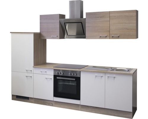 Komplette Küchenzeile mit Hängeschränken, Dunstabzugshaube, Spüle, Kochfeld und Backofen