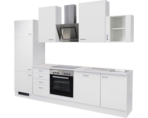 Komplette weiße Küche mit Ober- und Unterschränken, Dunstabzugshaube und Einbaugeräten.