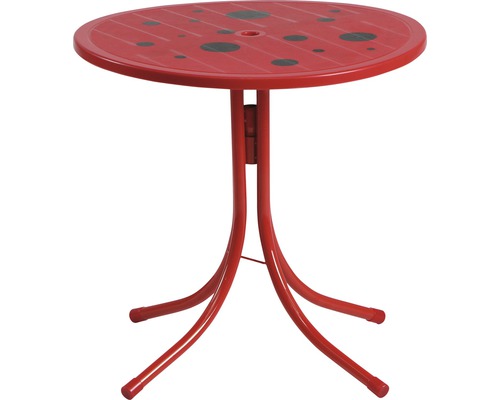 Roter Gartentisch mit schwarzem Punktmuster und Metallgestell