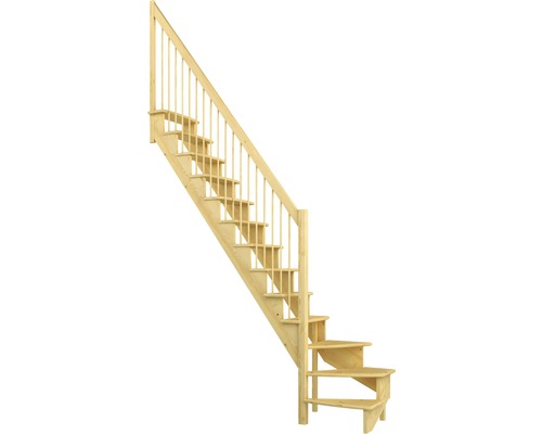 Escalier de meunier Pertura Filia pin bois lamellé-collé sans contremarches 1/4-tournant en bas à gauche 12 marches / 13 pas de marche garde-corps à barres verticales