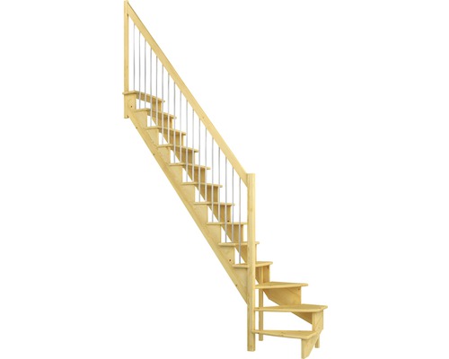 Escalier à limon latéral escalier de meunier Pertura Filia pin bois lamellé-collé sans contremarches 1/4-tournant en bas à gauche 12 marches / 13 pas de marche