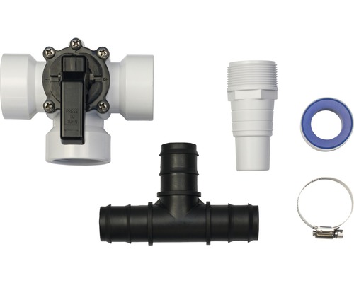 Kit de dérivation Planet Pool pour absorbeur solaire Ø38mm Divers produits d''installation sanitaire, dont un té, une vanne, un raccord et du ruban d''étanchéité.