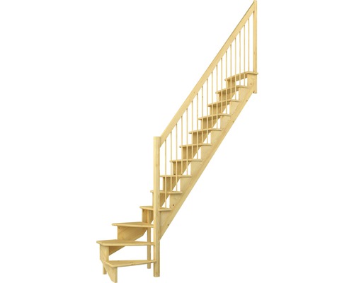 Escalier de meunier Pertura Filia pin bois lamellé-collé sans contremarches 1/4-tournant en bas à droite 12 marches / 13 pas de marche garde-corps à barres verticales